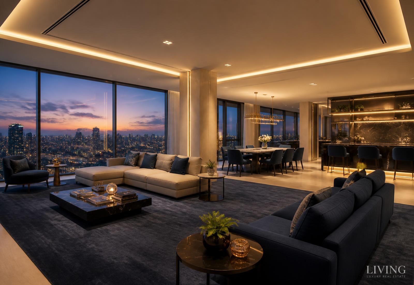 Sala de estar de cobertura de alto padrão com vista para a cidade ao entardecer